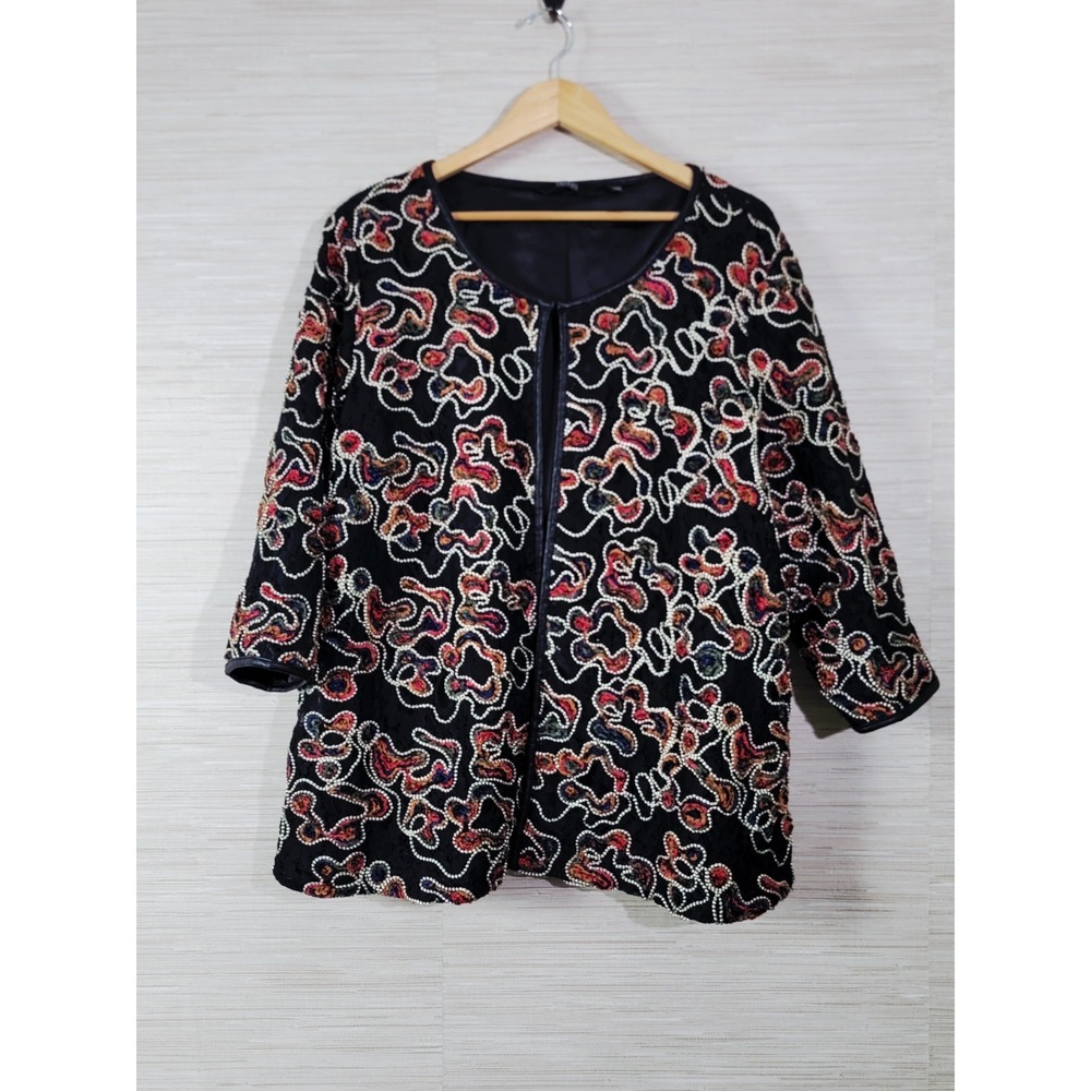 Women's Beaded Embroidered Jacket‎ Black Open Front Evening Cocktail M